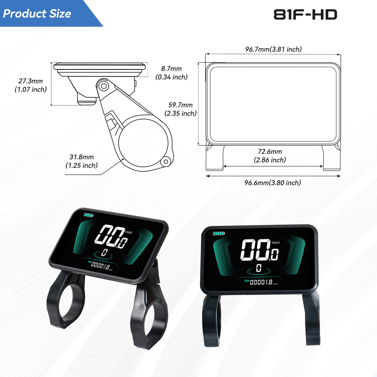 Yolin YL-81F-HD e-bike display dimensions and installation measurements